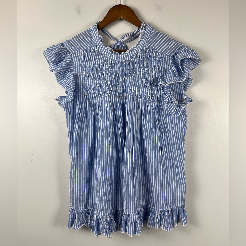 By Anthropologie Uli Ruffled Blouse blue white stripe back tie size large - Picture 3 of 7